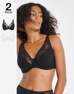 Pretty Secrets (2 Pack) Cotton Lace Full Cup Wired Bras (B-G) White/Black
