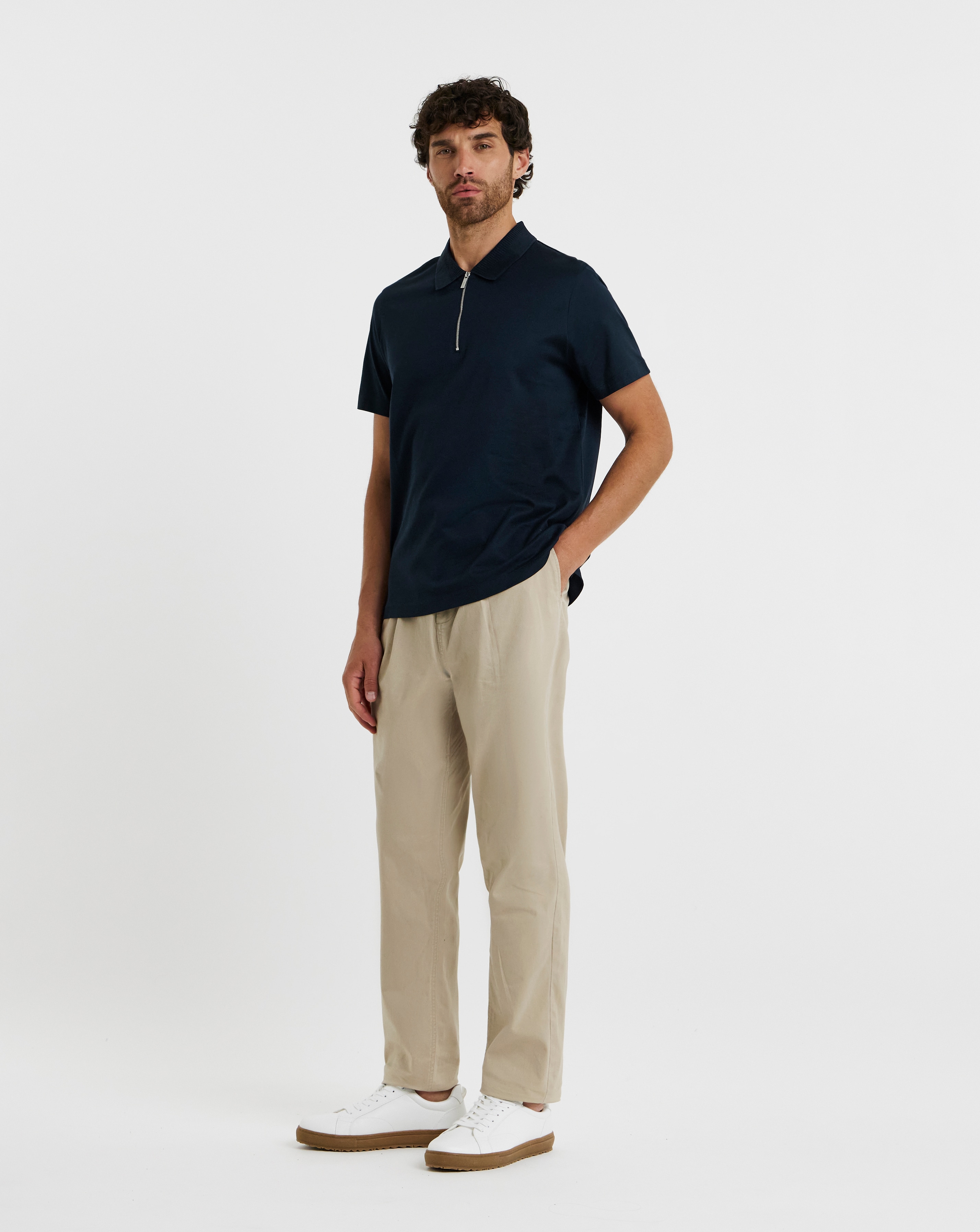 Folio Mercerised Supima Zip Polo-Navy | Ambrose Wilson