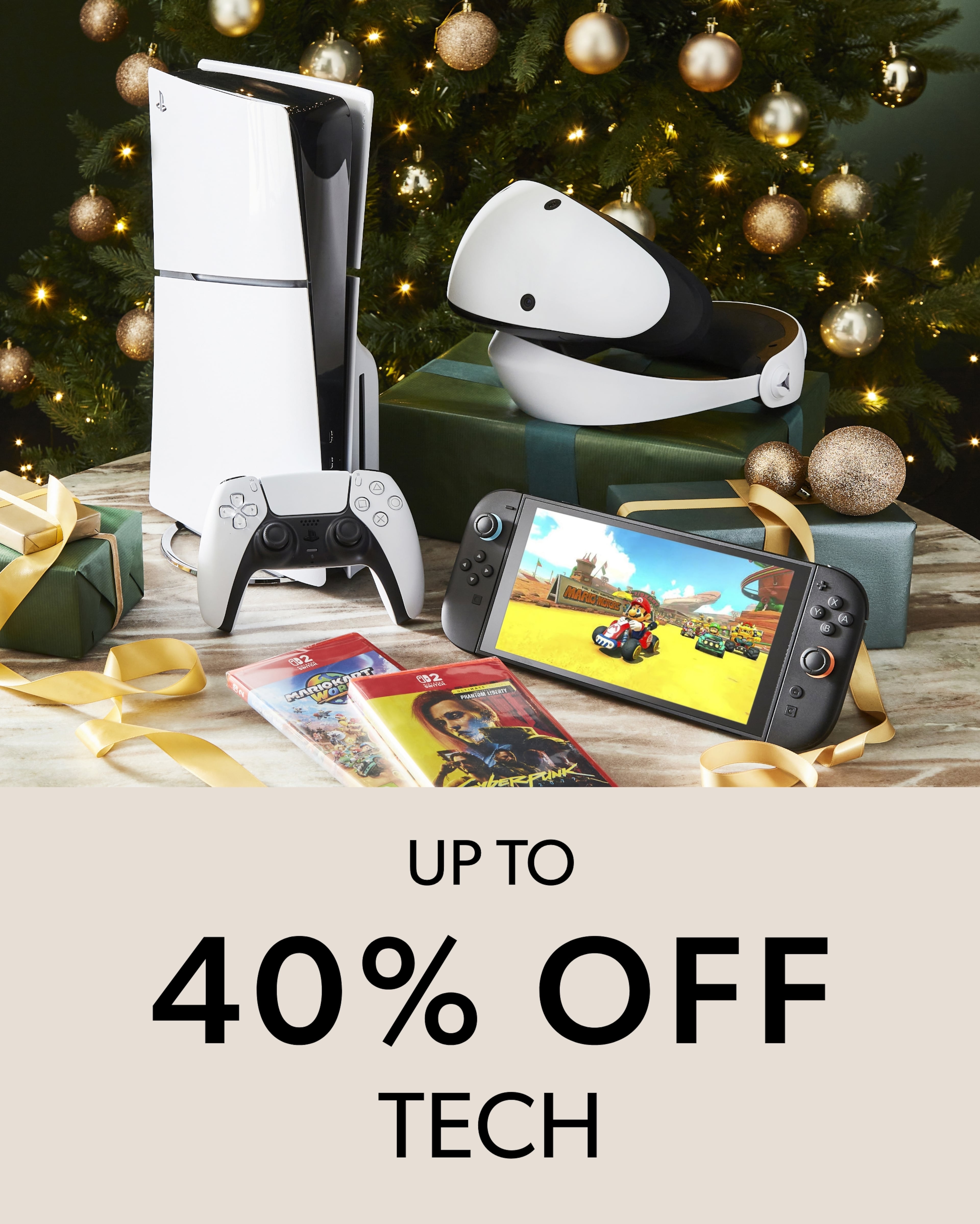 Up to 40% Off Tech sale on consoles: PlayStation 5, PS VR 2, Nintendo Switch, and video games.