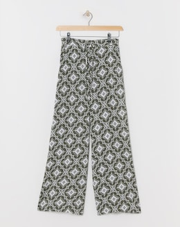 Green Printed Spun Viscose Pull On Wide Leg Trousers