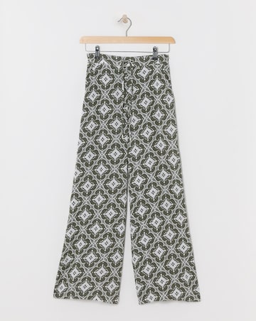 Green Printed Spun Viscose Pull On Wide Leg Trousers