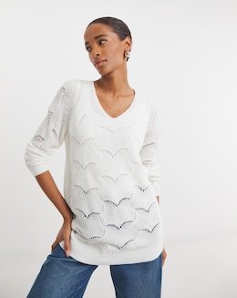 White V-neck Open Stitch Tunic