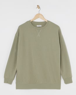 Beige Split Hem Crew Neck Sweatshirt