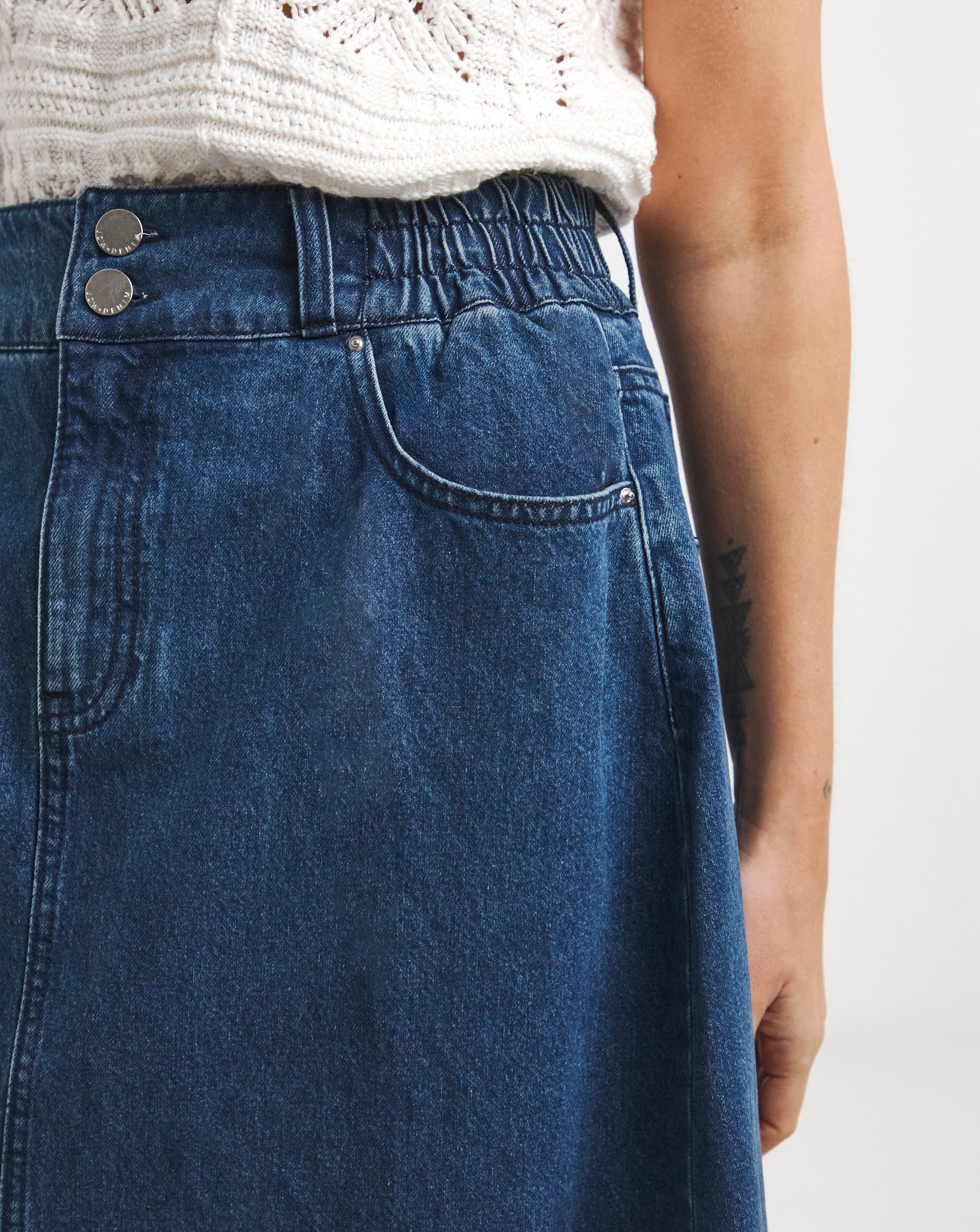 Mid Blue Elasticated Waist Midi Denim Skirt | Ambrose Wilson