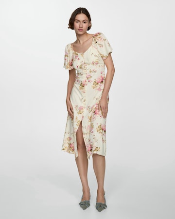 Mango Buttoned Floral Print Linen Blend Midi Dress