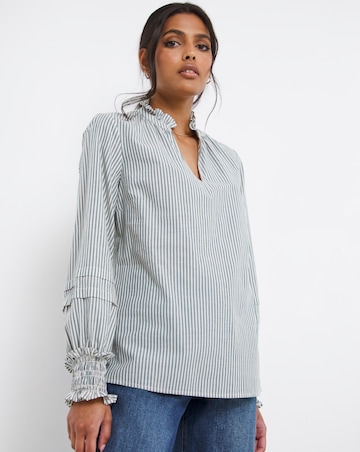 Blue Stripe Pleat Three Quarter Sleeve Blouse