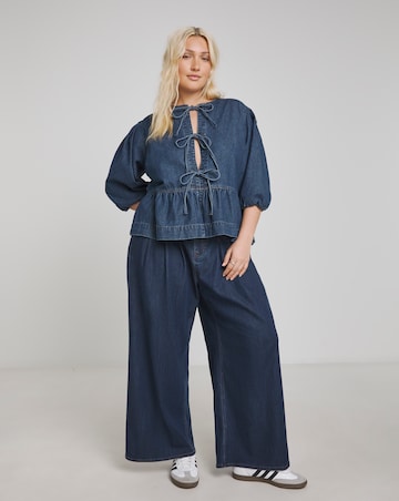 Dark Blue Tie Front Denim Peplum Blouse