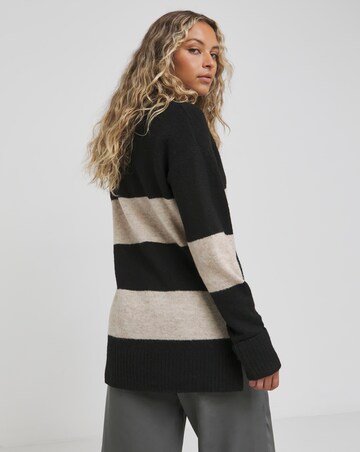 Black And Oatmeal Stripe Slouchy V Neck Longline Jumper