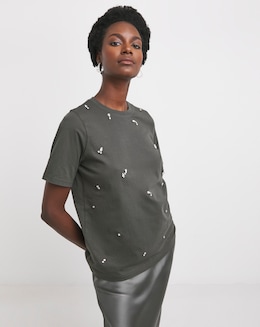 Pure Cotton Charcoal Crew Neck Scatter Embellished T-shirt