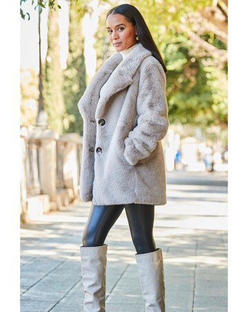 Sosandar Taupe Premium Faux Fur Coat with Button Detail