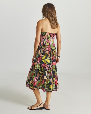 Tropical Print Shirred Bandeau Midi Beach Dress