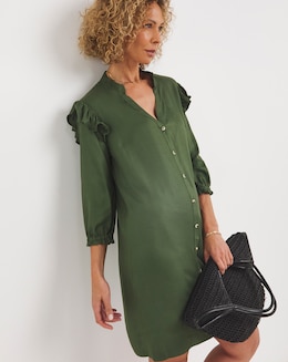 Green Viscose Twill Frill Shoulder Shirt Dress