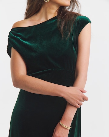 Velvet Asymetric Neckline Midi Dress