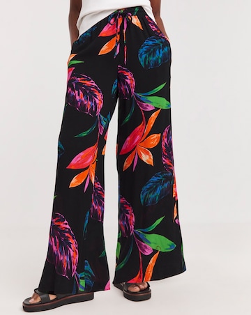 Black Print Crinkle Shirred Waist Wide Leg Trousers
