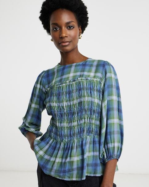 Shirred Round Neck Three Quarter Sleeve Blouse