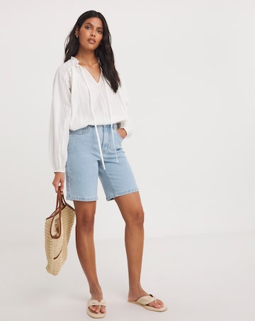 Collarless Long Sleeve Tie Neck Blouse