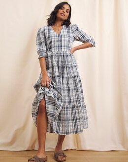 Anise Check Seersucker Erica V Neck Tiered Midi Dress