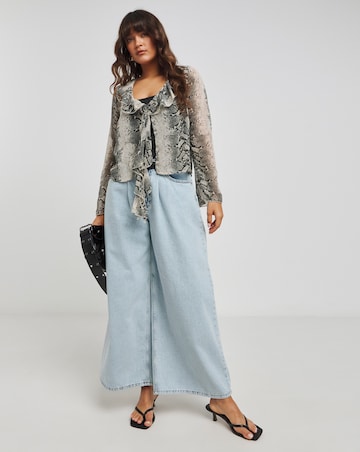 Snake Print Sheer Knot Front Ruffle Blouse