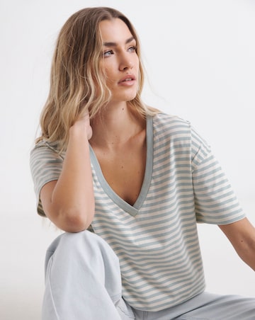 Simply Be Sage & Ecru Oversized Slouchy V Neck T-Shirt