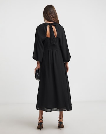 Black Textured Puff Sleeve Tie Back Smock Dress