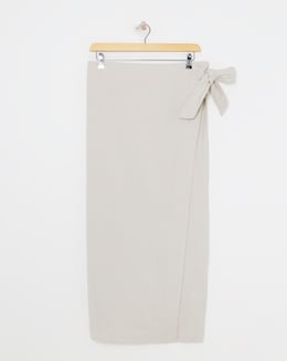Stone Linen Mix Midi Wrap Skirt