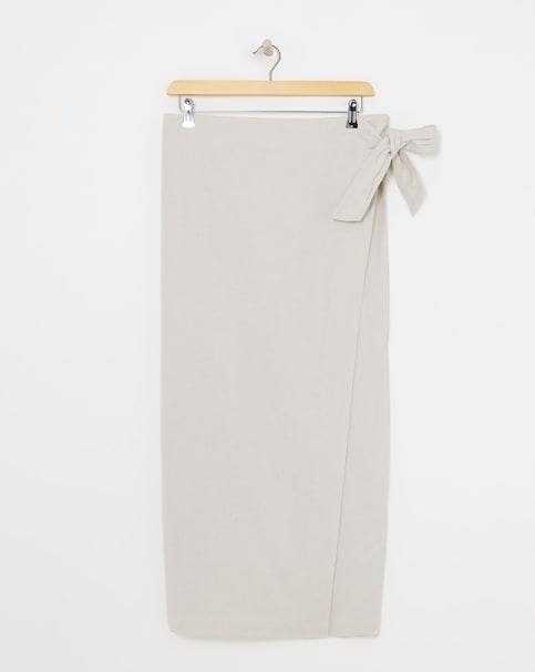 Stone Linen Mix Midi Wrap Skirt