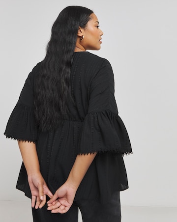 Black V Neck Textured Smock Top