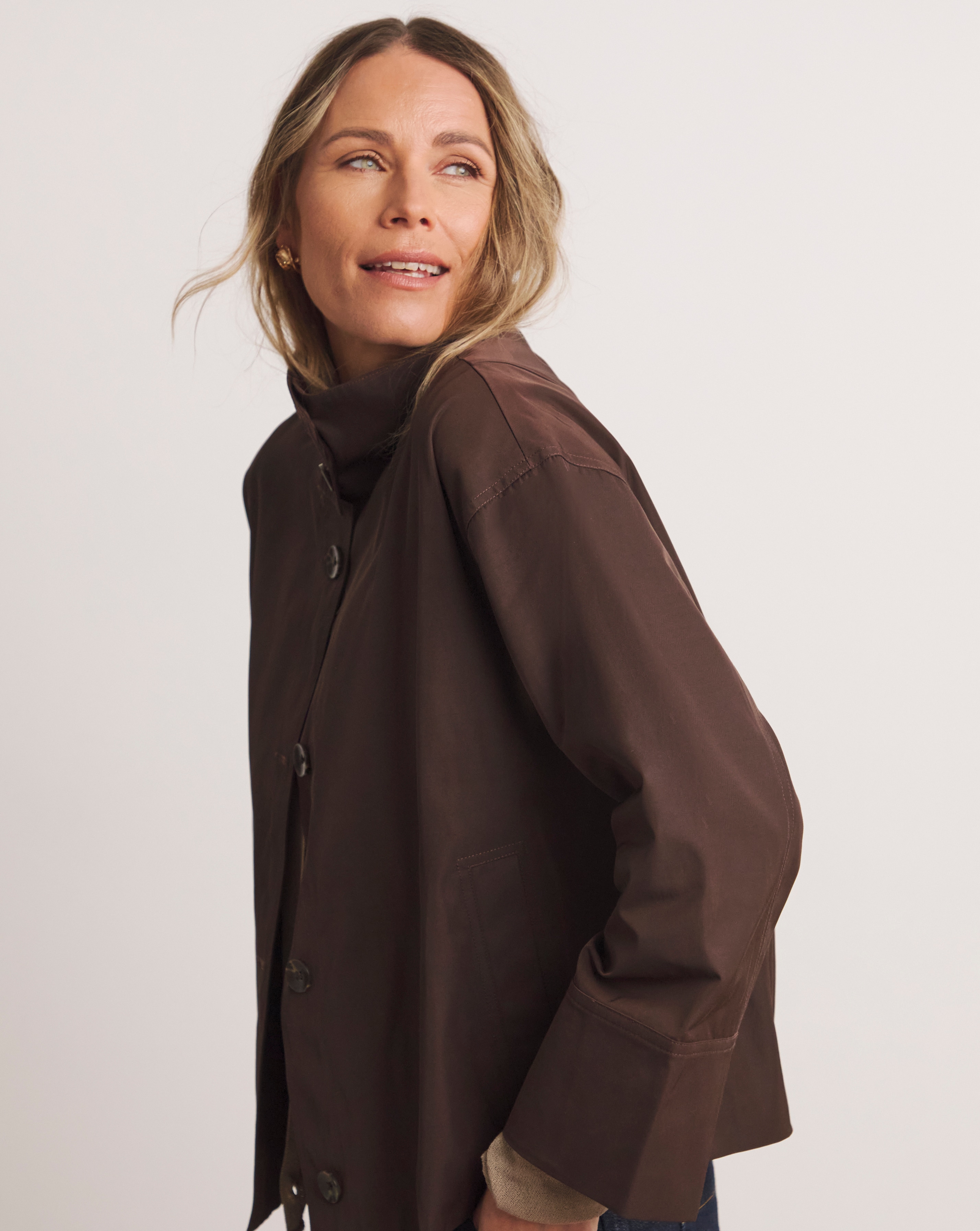 Anthology Chocolate Funnel Neck Short Trench Jacket | Ambrose Wilson