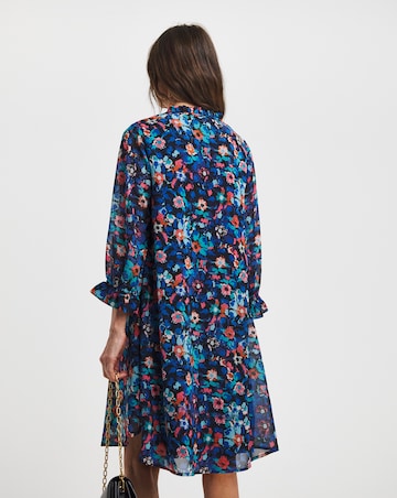 Trapeze Swing Dress with Tie Neck and Shirred Detail