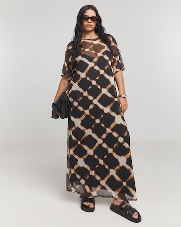 Simply Be Black Tie Dye Check Print Mesh T-Shirt Maxi Dress