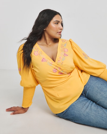 Ochre Floral Embroidered Wrap Top with Shirred Cuffs