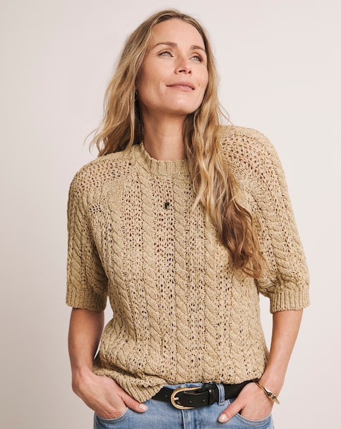 Anthology Cable Half Sleeve Knitted T-Shirt - Stone