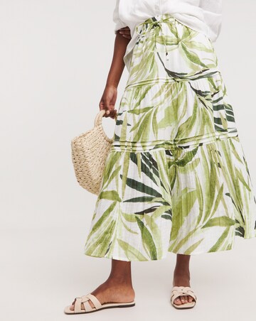 Green Palm Print Cheesecloth Midi Skirt