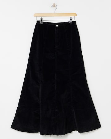 Black Cord Fit and Flare Denim Maxi Skirt