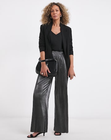 Silver Metallic Plisse Wide Leg Trousers