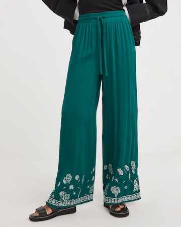 Green Embroidered Crinkle Wide Leg Trousers