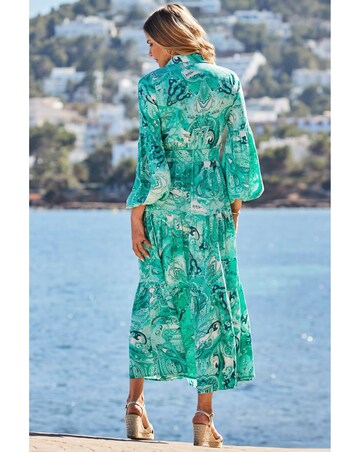 Sosandar Green Paisley Print Tiered Hem Maxi Shirt Dress