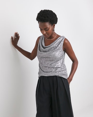Silver Cowl Neck Sequin Vest