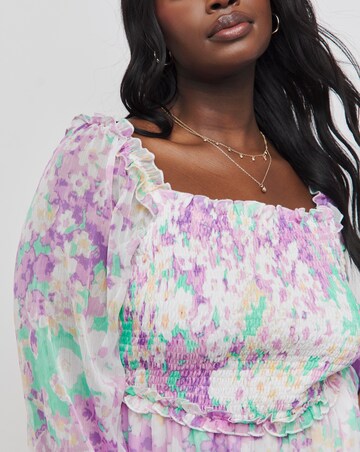 Blurred Floral Print Shirred Long Sleeve Skater Dress