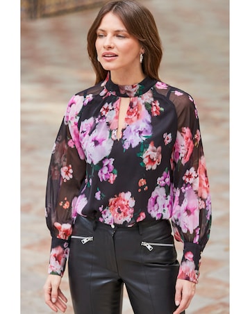 Sosandar Floral Print Keyhole Detail Blouson Sleeve Top