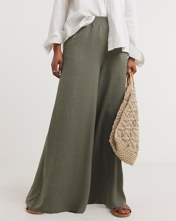 Khaki Textured Wide Leg Palazzo Trousers