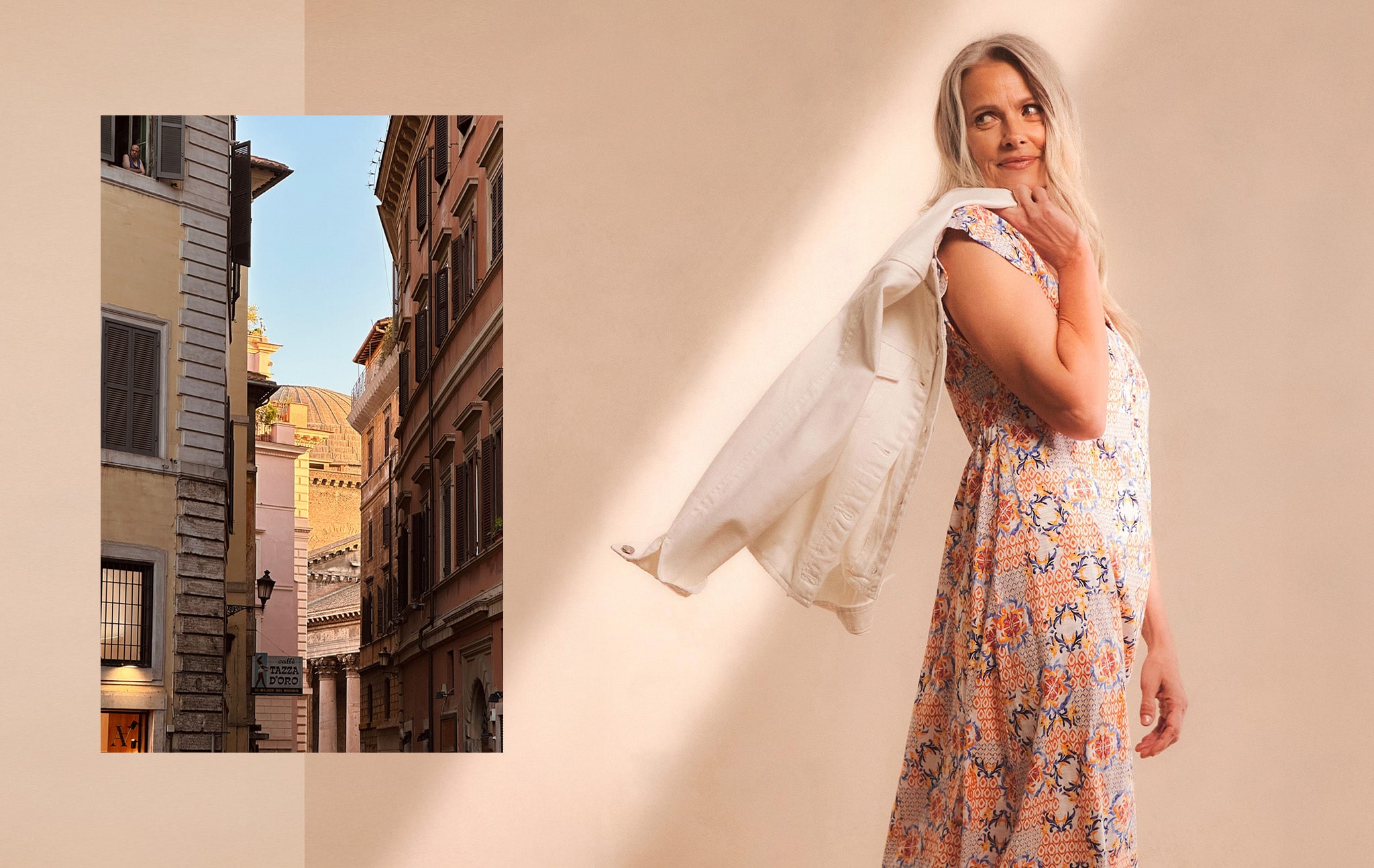 Model wearing a white jacket over a patterned dress