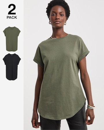 Pure Cotton 2 Pack Short Sleeve Curved Hem Longline Top