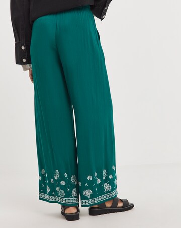 Green Embroidered Crinkle Wide Leg Trousers