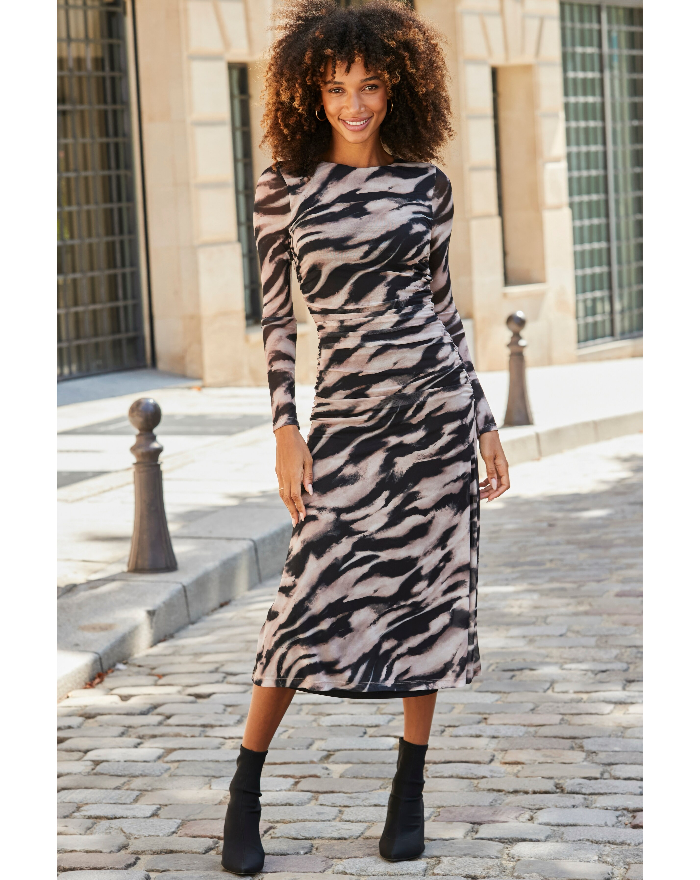 Sosandar Neutral Textured Print Mesh Dress | Ambrose Wilson