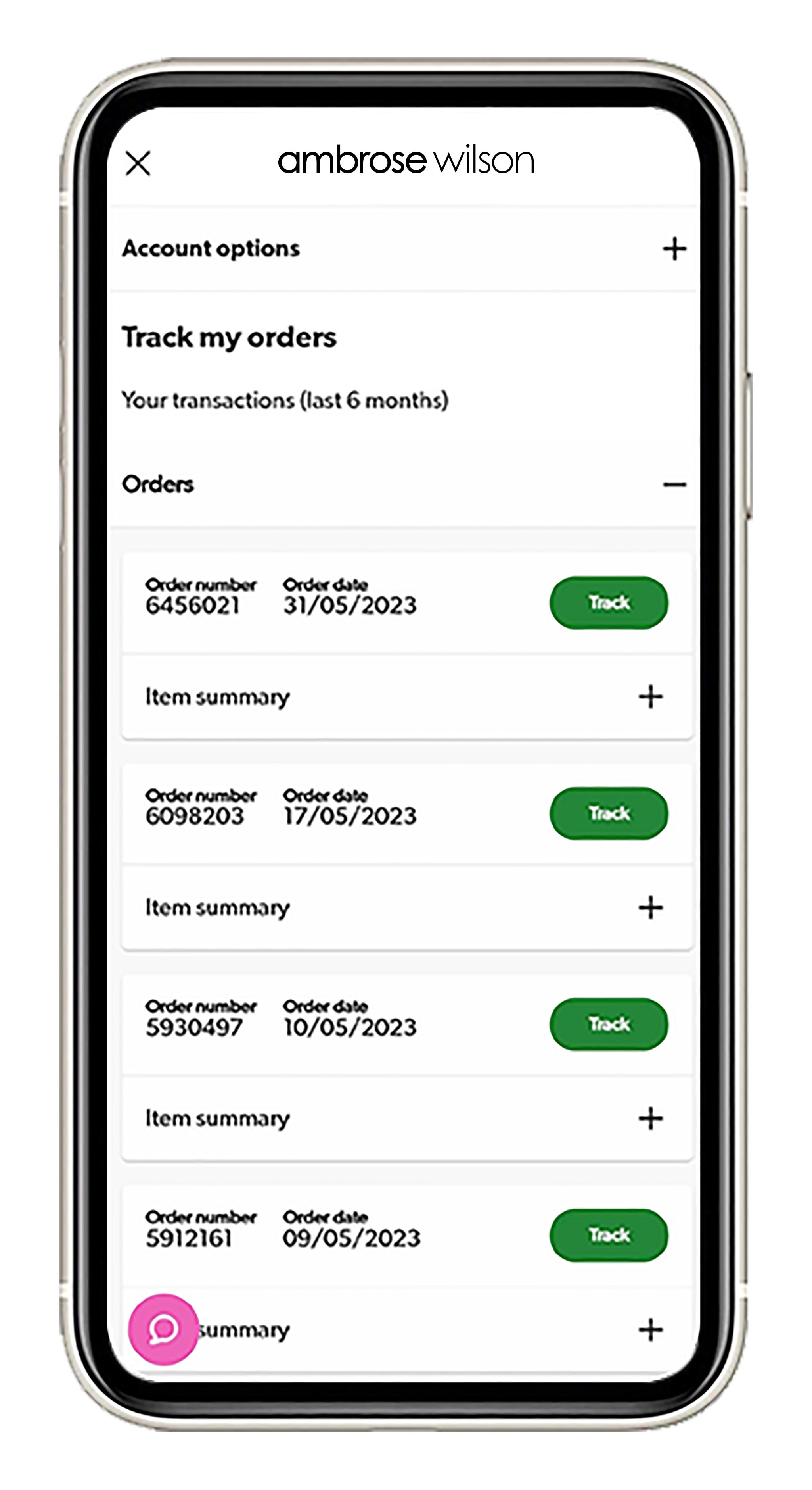 “Track my orders” in the Ambrose Wilson app