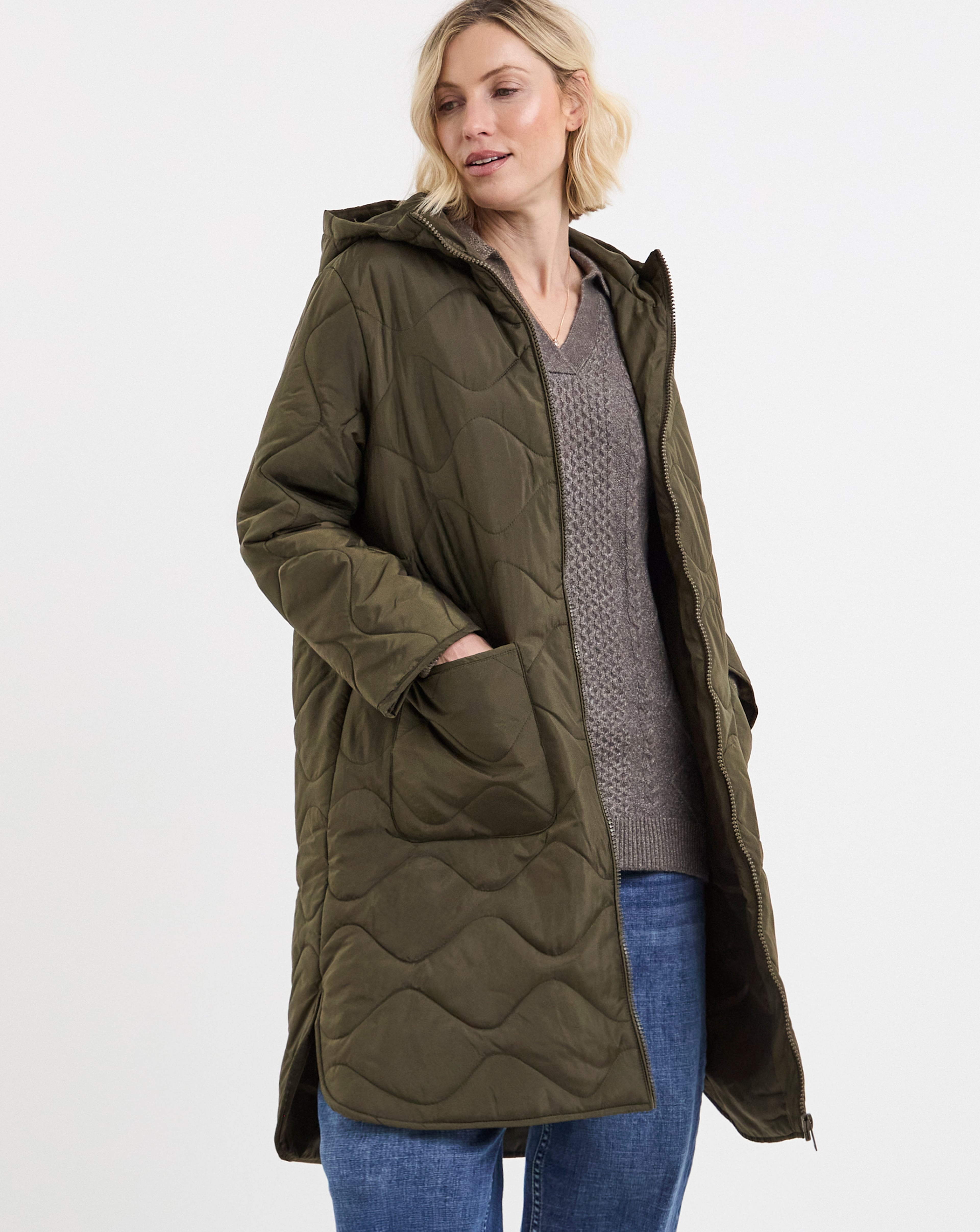 Model wearing a khaki-coloured quilted coat.