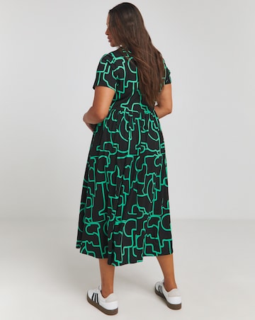 Green Print Short Sleeve Supersoft Pocket Midi Dress