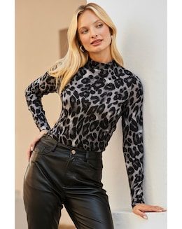 Sosandar High Neck Animal Printed Knit Top