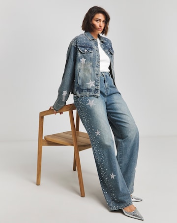 Simply Be X Twisted Wunder Mid Wash Star Embellished Wide Leg Jeans